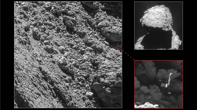 Photos from the camera on the Rosetta spacecraft show where the Philae lander landed on comet 67P.
