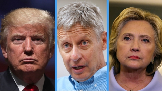 A split screen of Donald Trump in a black suit, Gary Johnson in a blue shirt and Hillary Clinton in a purple suit.