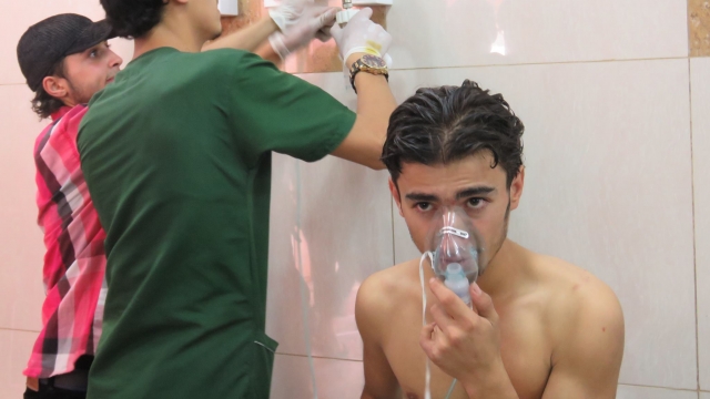 A victime from a suspected chlorine gas attack in Aleppo in September rests at a hospital.