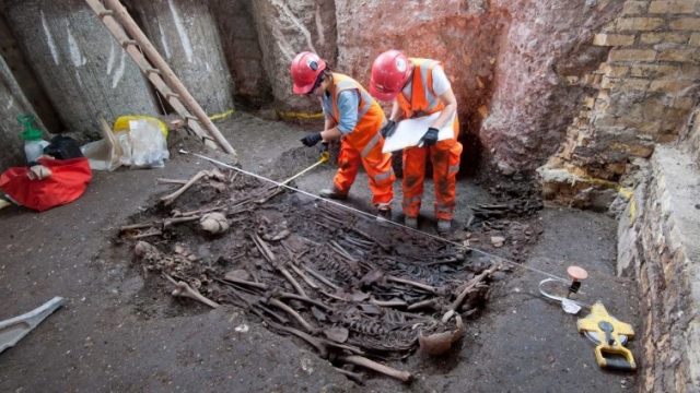 Researchers look at a mass burial site from the Great Plague in London.