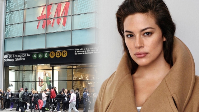 Side-by side images of an H&M store and model Ashley Graham.