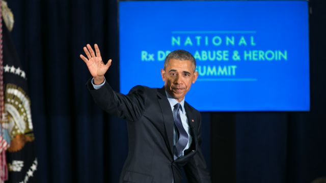 President Barack Obama waves after speaking at a summit on drug abuse.