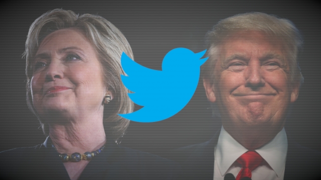 Hillary Clinton, Donald Trump and the Twitter logo.