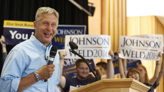 Gary Johnson talks to a crowd of supporters at a rally.