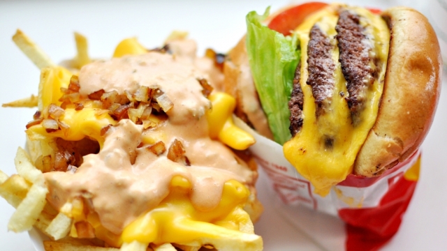 Photo of a 3x3 cheeseburger and animal-style fries from In-N-Out.