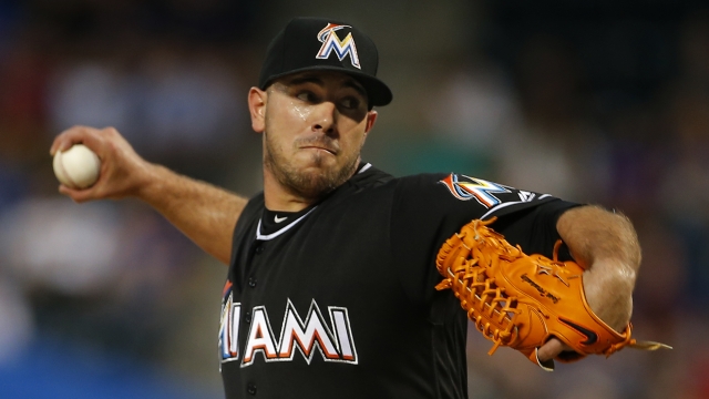 Jose Fernandez throws a pitch during a game.