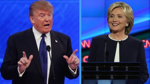 Donald Trump and Hillary Clinton appear in a split screen. Both wear suits and stand at microphones.