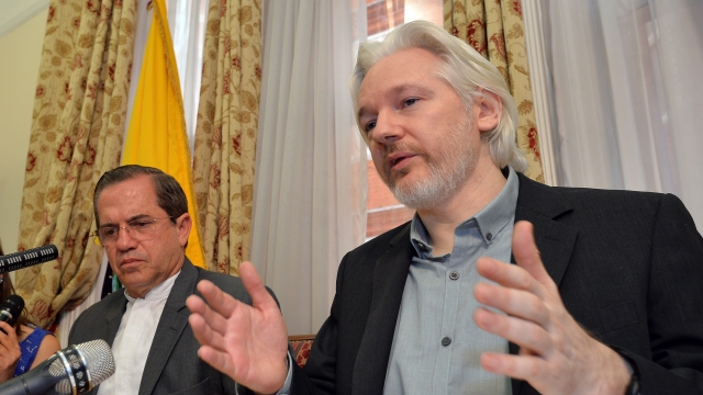 Julian Assange speaks at a press conference at the Ecuadorian embassy.
