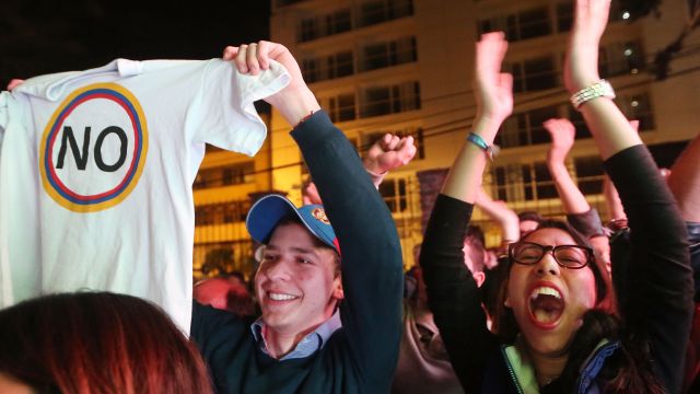 Colombian voters celebrate the referendum results rejecting a proposed peace deal with the FARC.