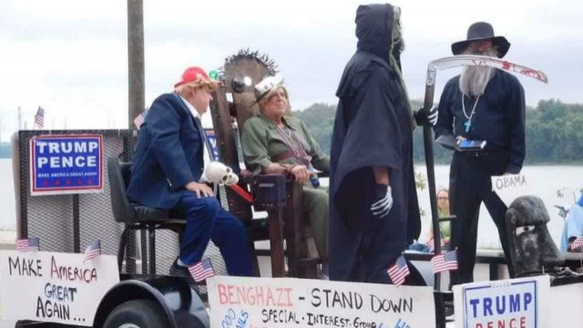 A controversial parade float appears to show show Hillary Clinton in an electric chair.