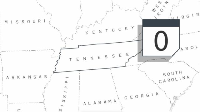 U.S. map with Tennessee highlighted and the number zero, which is how many times the candidates have visited since primaries