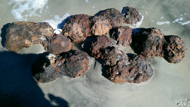 Photo of the cannonballs found on Folly Beach after Hurricane Matthew.