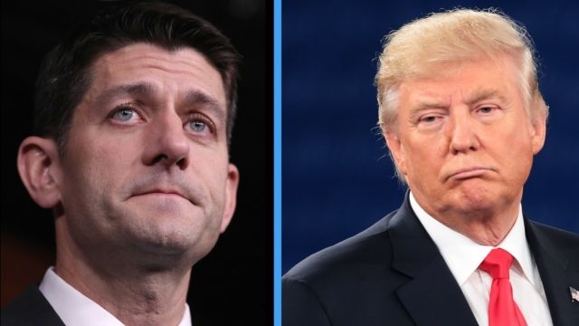 A split screen of House Speaker Paul Ryan and Republican presidential nominee Donald Trump. Both men wear suits and ties.