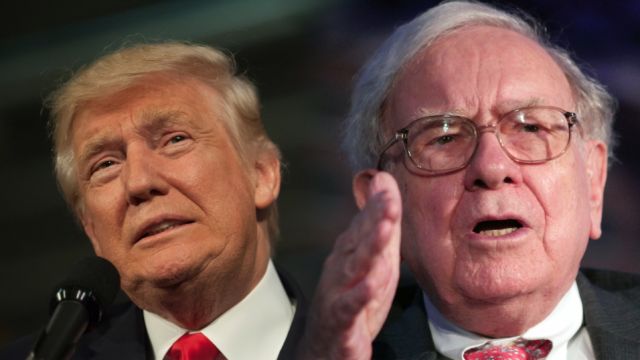 A split screen of Donald Trump and Warren Buffett