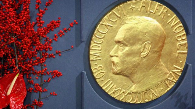 A plaque depicting Alfred Nobel at the Nobel Peace Prize ceremony.