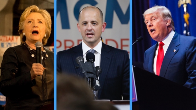A split screen of Hillary Clinton, Evan McMullin and Donald Trump. All three wear suits.