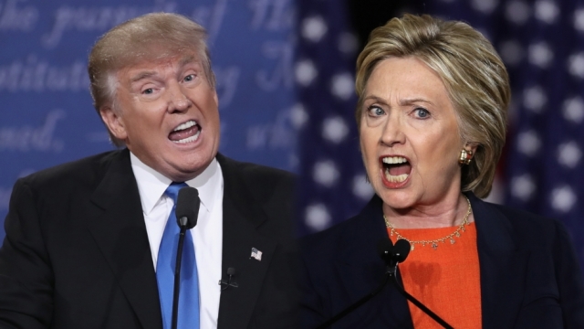 Donald Trump and Hillary Clinton make aggressive facial expressions at events.