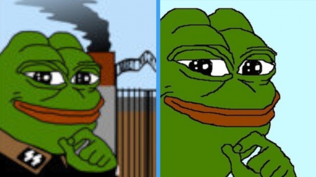 Contrasting images of "Pepe the Frog," a cartoon which has been turned into a hate symbol by certain groups.