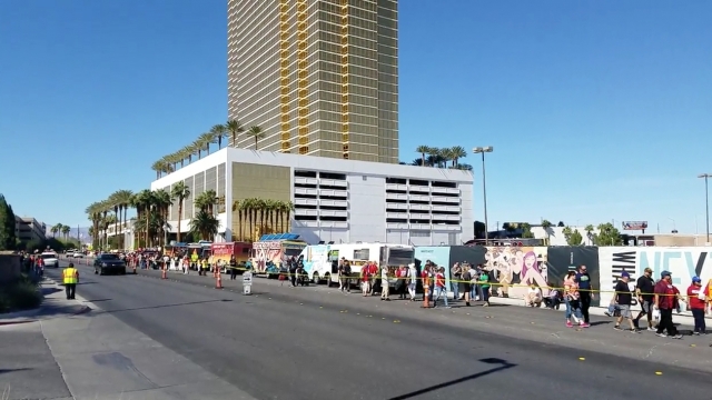 A line of food trucks in front of Trump International Hotel in Las Vegas