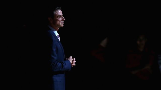 Rick Pitino the head coach of the Louisville Cardinals is introduced before the game against the Kennesaw State Owls in 2015.
