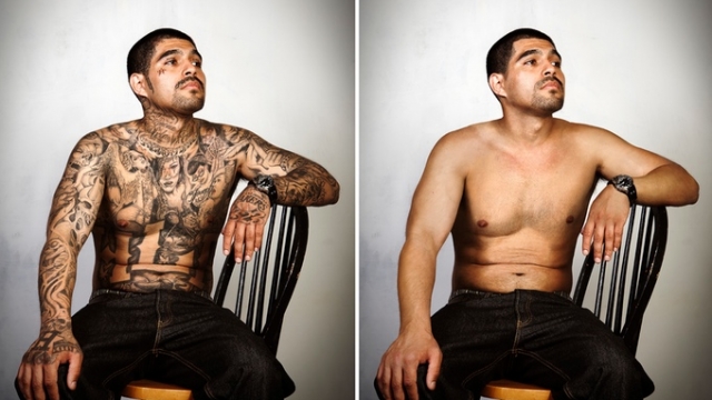 A former gang member with and without his tattoos.