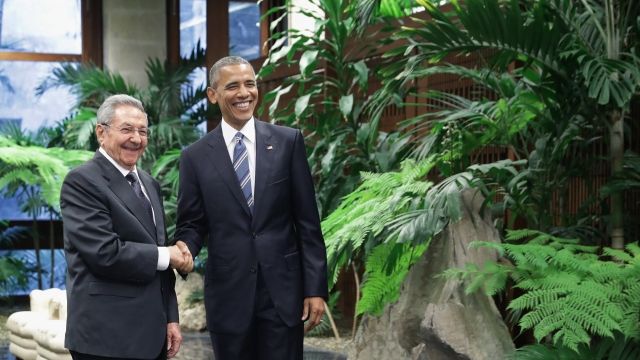 President Barack Obama and Cuban President Raúl Castro shake hands in Cuba.