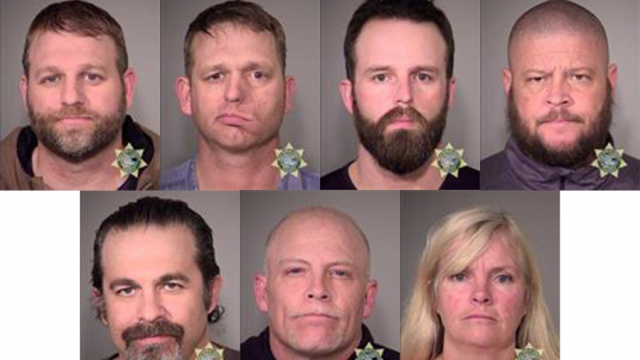 The mugshots of six men and one woman charged in relation to the standoff.