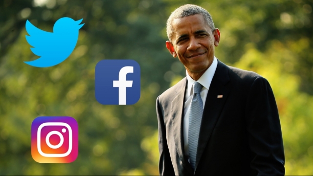 President Obama and logos of Twitter, Facebook and Instagram