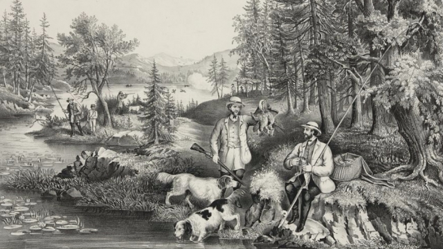 A 1867 depiction of hunting and fishing in the United States.