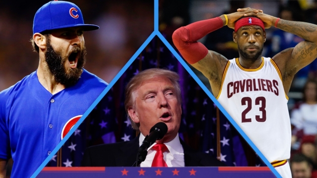 A photo collage of Cubs pitcher Jake Arrieta, U.S. President-elect Donald Trump, and Cleveland Cavaliers forward LeBron James