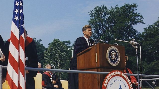 John F. Kennedy gives a commencement address in June 1963.