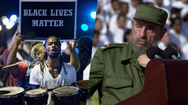 Separate images of Black Lives Matter protesters and Fidel Castro