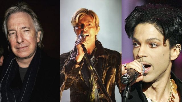 Separate images of Alan Rickman, David Bowie and Prince