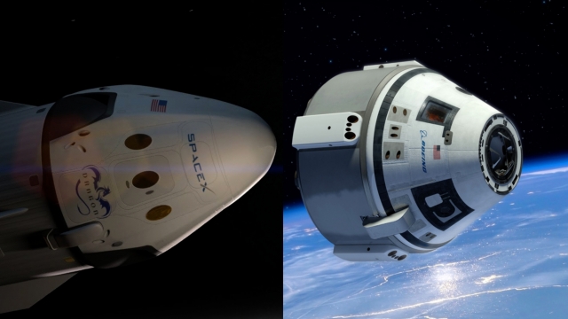 Renderings of crew capsules from SpaceX and Boeing.