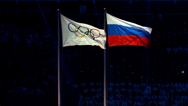 The Olympic and Russian flags at the 2014 Sochi Olympic Games