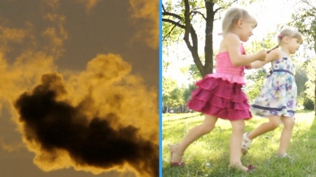 A split screen of smog and kids playing