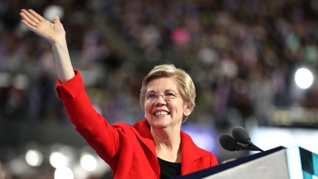 Sen. Elizabeth Warren acknowledges the crowd