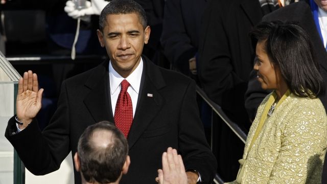 Barack Obama is sworn in.