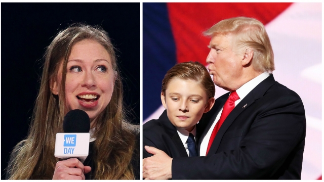 Chelsea Clinton next to Barron and Donald Trump