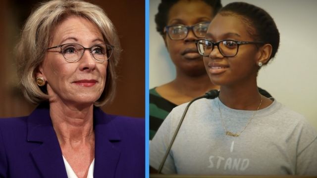 A split screen with Betsy DeVos and a Detroit Student