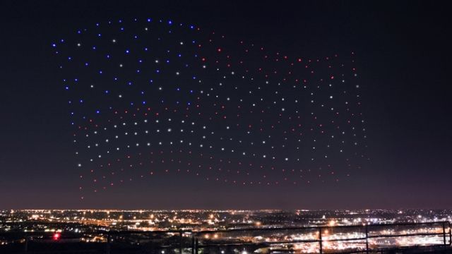 Intel's drones form the shape of an American flag during Lady Gaga's Super Bowl halftime show.