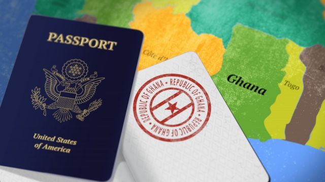 US Passport over map of Ghana, Africa