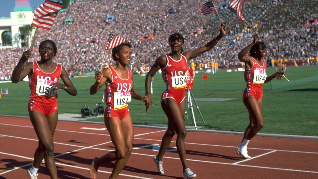 The USA relay team takes a victory lap after wining the gold medal at the 1984 LA games