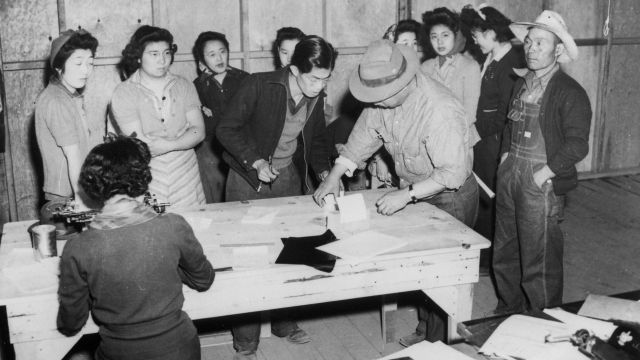 Japanese-Americans registering for work, under the Work Corps plan for evacuees
