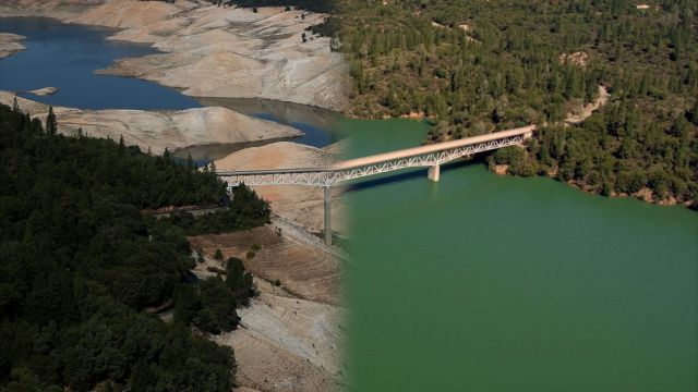 Lake Oroville in 2014 (left) and 2011 (right)