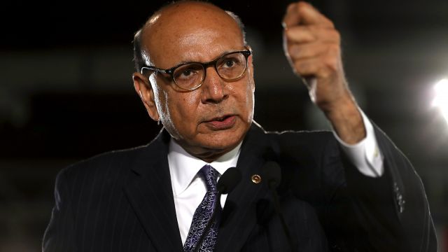 Khizr Khan speaks during a campaign rally