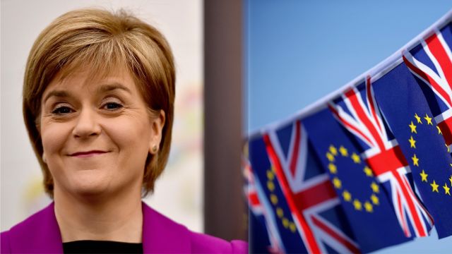 Nicola Sturgeon and EU and UK flags