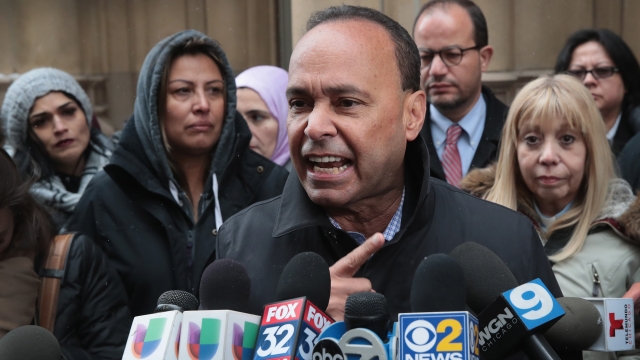 Representative Luis Gutierrez speaks to press after leaving the ICE office