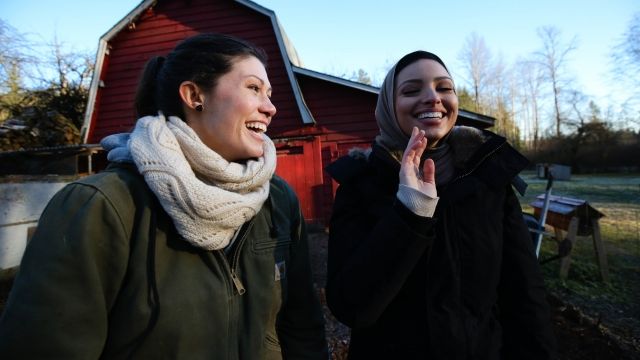 Anne Briggs and Noor Tagouri out on the farm