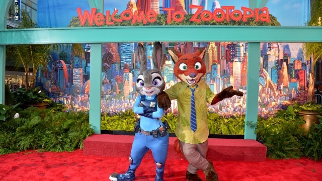 "Zootopia" characters Judy Hopps and Nick Wilde pose during the movie premiere.